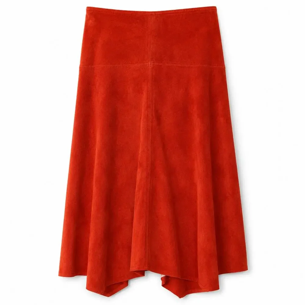 100% Suede Leather Skirt Orange Asymmetrical Midi